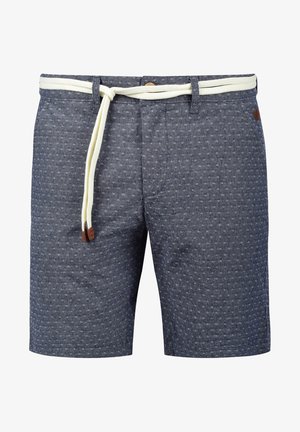 Muške kratke hlače plave boje s uzorkom od teksturiranog materijala. Imaju kremasto vezanje s drvenim detaljem na struku.