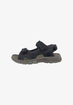 Dark blue sandal with adjustable straps, synthetic material, textured sole, and gray accents. Open design for breathability and comfort.