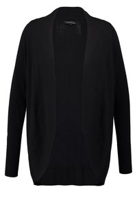 Cardigan nero, design aperto davanti, maniche lunghe, texture morbida, materiale leggero, senza chiusure visibili o motivi.