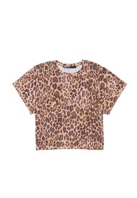 Leopard print short-sleeve top in beige and brown. Loose fit with a round neckline, made from lightweight fabric. No visible accents.