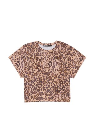 Krátky rukáv top s leopardím vzorom v béžovej a hnedej farbe. Voľný strih s okrúhlym výstrihom, vyrobený z ľahkej látky. Žiadne viditeľné akcenty.