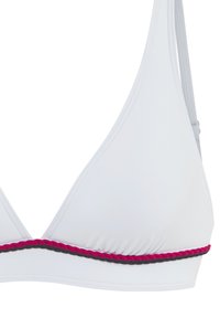 White triangle bikini top with a black and pink braided trim. Smooth fabric with adjustable straps for a secure fit.