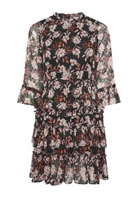 Blommig klänning med långa ärmar, svart bakgrund, mönster av rosa och vita blommor, volanglager och hög halsringning. Lätt tyg.