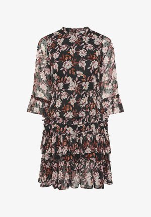 Blomsterkjole med lange ærmer, sort baggrund, mønster af lyserøde og hvide blomster, flæser og høj halsudskæring. Letvægtsstof.