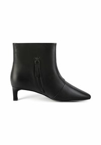 Schwarze Lederknöchelstiefel mit spitzem Zeh, seitlichem Reißverschluss und niedrigem, zylindrischem Absatz. Glatte Textur und elegantes Design.
