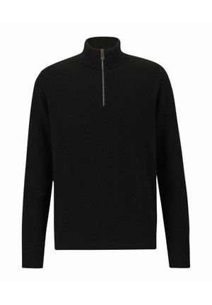 Czarny dzianinowy sweter z wysokim kołnierzem i krótkim zapięciem na zamek. Posiada długie rękawy oraz ściągacze na mankietach i u dołu. Miękka tekstura, minimalistyczny design.
