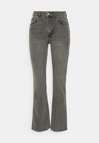Gray denim flared jeans with a high waist, five pockets, and a zip fly. Features a faded texture and visible stitching detail.