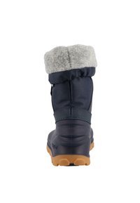 Granatowe wodoodporne buty z szarym futrzanym kołnierzem, gumową podeszwą i teksturowanym wierzchem, z uchwytem do zakładania i solidnym szyciem.