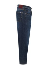 Dunkelblaue Denim-Jeans mit geradem Bein, ausgestattet mit einer Gesäßtasche und einem braunen Lederlabel an der Taille. Ohne Verzierung.