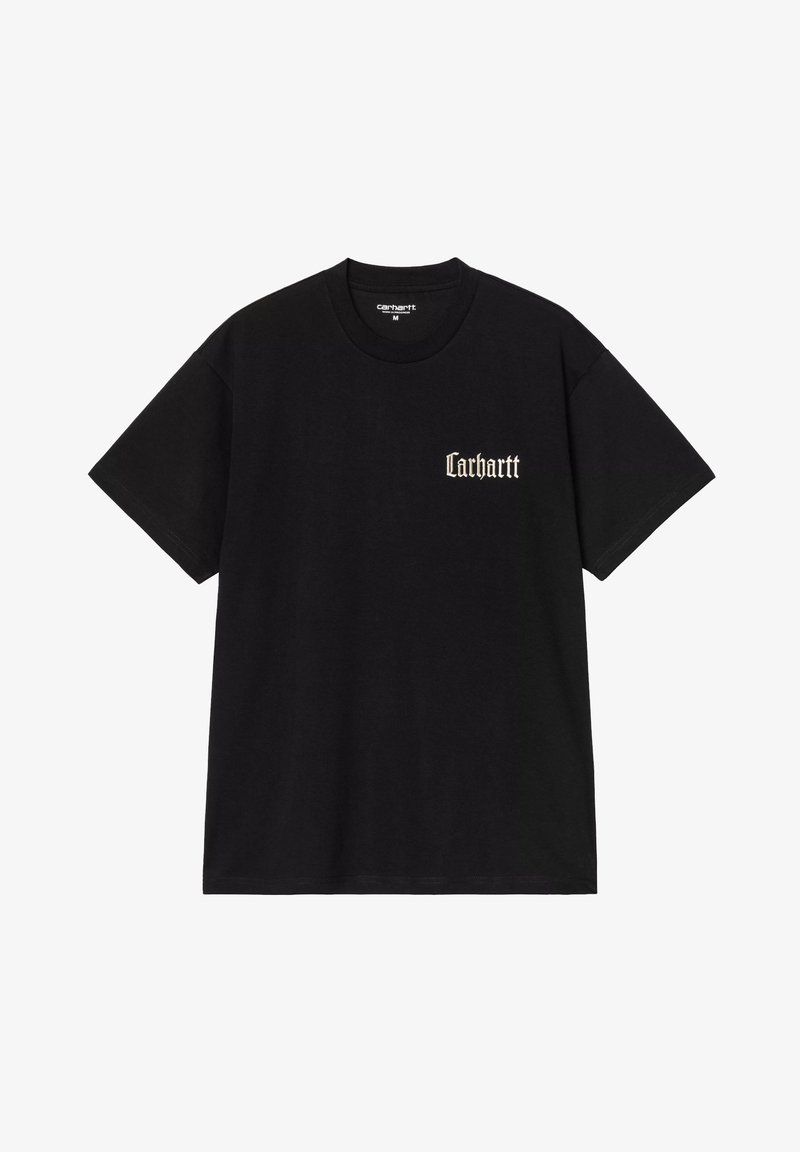 T-shirt nera in cotone, con scollatura rotonda e maniche corte. Piccolo logo bianco stampato "Carhartt" sul lato sinistro del petto.