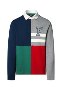 Langärmliges Poloshirt mit einem Farbblockdesign in navy, grün, rot und grau; weiße Streifen und gesticktes 'F'-Logo auf der Brust.