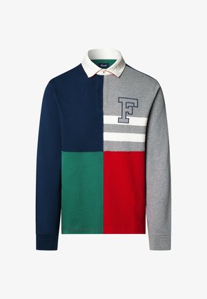 Polo a maniche lunghe, caratterizzato da un design a blocchi di colore con sezioni blu navy, verde, rosso e grigio; righe bianche e logo 'F' ricamato sul petto.