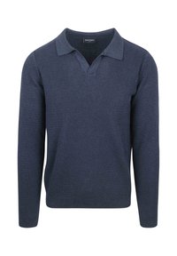 Marineblauwe gebreide trui met een V-hals en korte kraag, met een textuurpatroon en lange mouwen. Lichtgewicht en casual ontwerp.