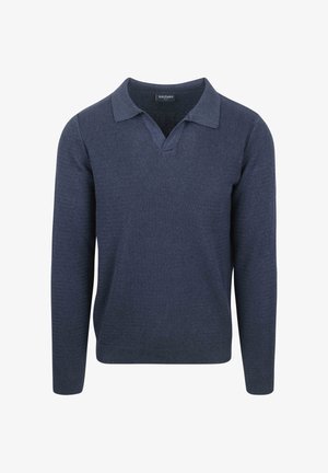 Marineblauwe gebreide trui met een V-hals en korte kraag, met een textuurpatroon en lange mouwen. Lichtgewicht en casual ontwerp.