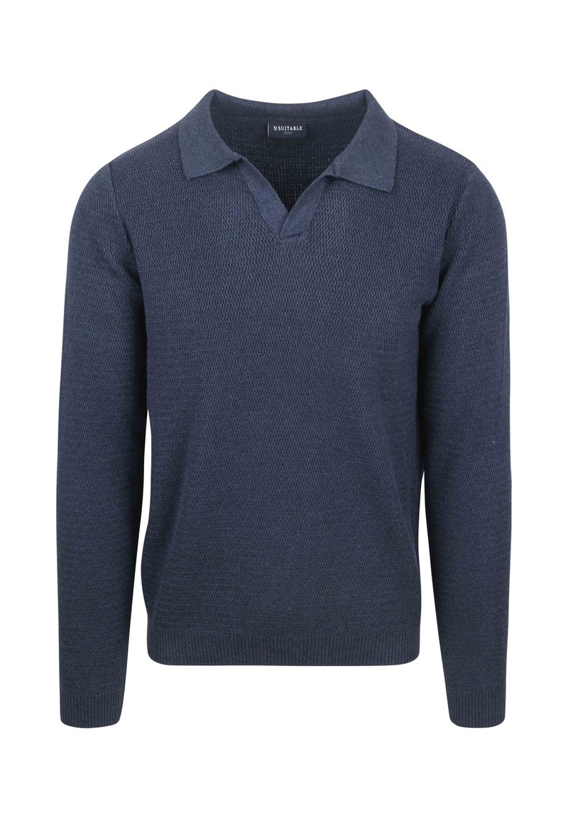 Marineblauwe gebreide trui met een V-hals en korte kraag, met een textuurpatroon en lange mouwen. Lichtgewicht en casual ontwerp.