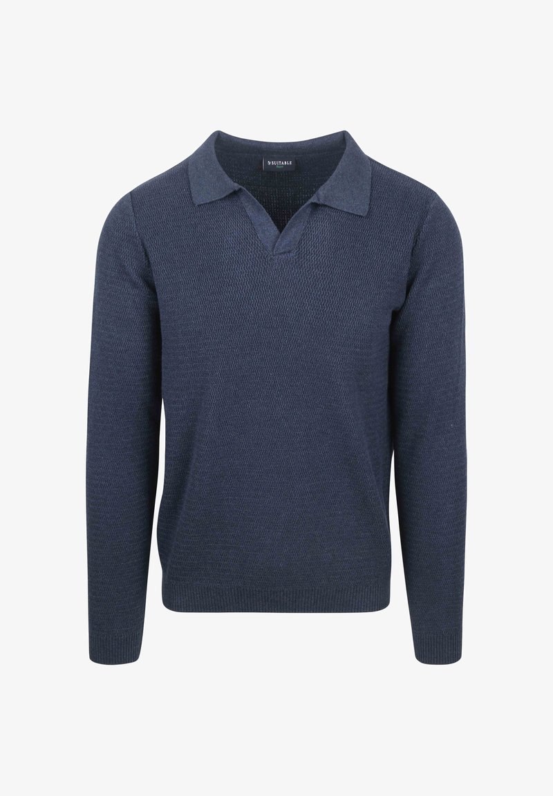 Marineblauwe gebreide trui met een V-hals en korte kraag, met een textuurpatroon en lange mouwen. Lichtgewicht en casual ontwerp.