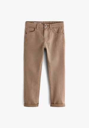 Bruna denimbyxor med vanlig passform, som har uppvikt nederkant, sidofickor och en enda knappstängning. Texturerad tyg med en enfärgad nyans.