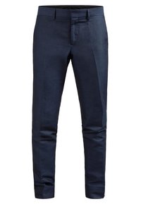 Námořnické modré kalhoty na míru s hladkým povrchem, slim fit, jemným předním záhybem, poutky na opasek a zipovým zapínáním. Žádné viditelné kapsy.