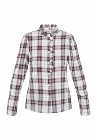 Langærmet ternet skjorte i hvid og bordeaux med frontknapper og flæsekanter langs knaplinjen og kraven.