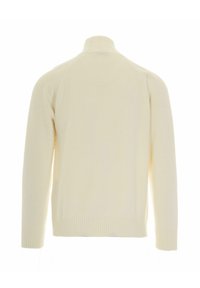 Pullover color crema, con collo alto, polsini e orlo a costine. Tessuto liscio con un design aderente e maniche raglan.
