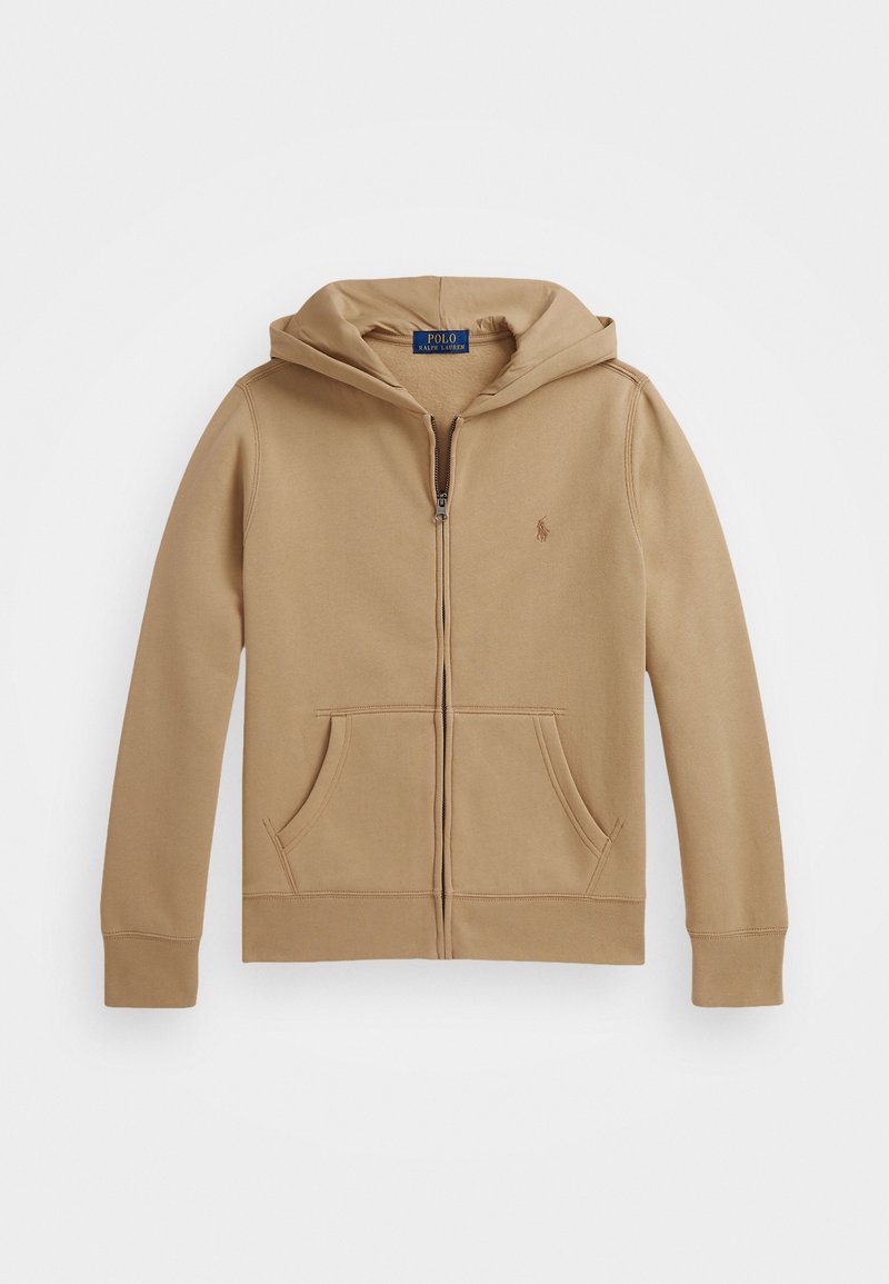 Beige Kapuzenpullover aus Baumwollmischung mit Reißverschluss vorne, Kängurutaschen und kleinem Logo auf der Brust. Glatte Textur, weicher Stoff.