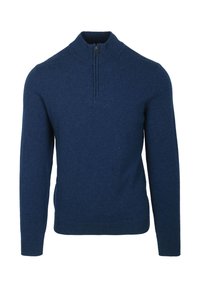 Marineblauwe trui met lange mouwen, een korte voorrits en een hoge kraag, gemaakt van zachte gebreide stof.