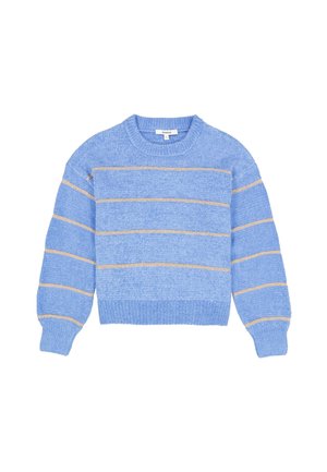 Suéter azul claro con una textura suave, con rayas doradas horizontales. Cuello redondeado y puños y dobladillo acanalados. Ajuste casual.