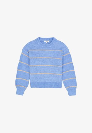 Helle blaue Sweatshirt mit weicher Textur, versehen mit horizontalen goldenen Streifen. Rundhalsausschnitt und gerippte Bündchen und Saum. Lässige Passform.