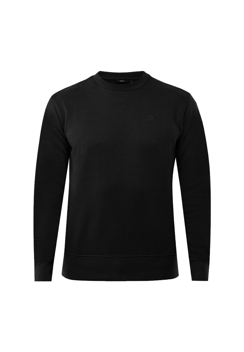 Czarna bluza z okrągłym dekoltem i długimi rękawami, z dyskretnym logo marki na górnej lewej części klatki piersiowej.