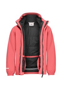 Koralle wasserfeste Jacke mit schwarzem Futter, Reißverschluss, verstellbarer Kapuze, elastischen Bündchen und zwei Innentaschen mit kontrastierenden Besätzen.