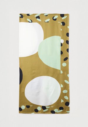 Cachecol multicolorido em tecido liso com formas irregulares: grande círculo branco, círculo verde menta, manchas pretas e detalhes verdes sobre fundo castanho.