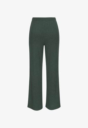 Pantalones de pierna ancha de canalé verde con cintura elástica, que presentan una tela texturizada y un ajuste holgado, ideales para el uso casual.