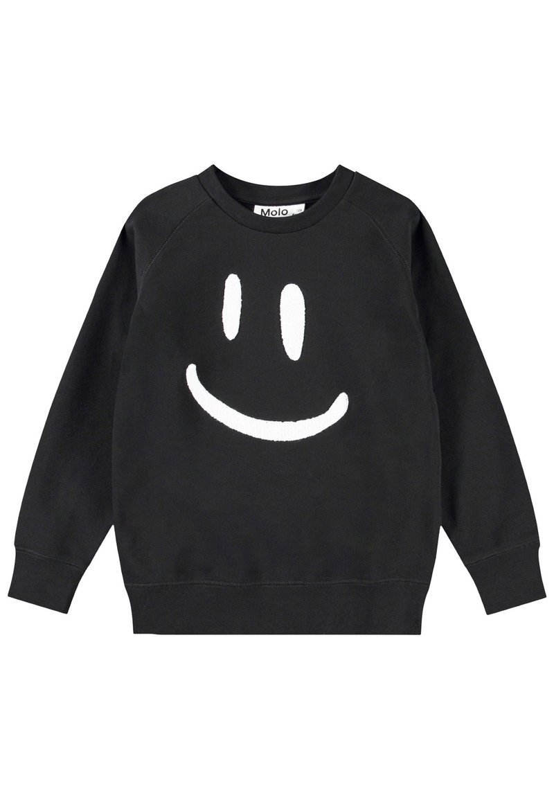 Felpa nera con un grande design di faccina sorridente bianca sul davanti. Presenta polsini e scollatura a coste, realizzata in morbido cotone.