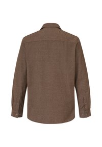 Braunes, strukturiertes Langarmhemd mit Kragen und knöpfbaren Manschetten. Verfügt über ein dezentes Muster und einen Rückensteg.