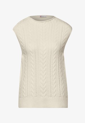 Cremefarbener, ärmelloser Strickpullover mit Kabelmuster und geripptem Saum, Rundhalsausschnitt und dezentem Markenlabel im Kragen.