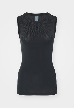 Black sleeveless top made of textured mesh fabric, featuring a round neckline and a fitted design, smooth around edges.