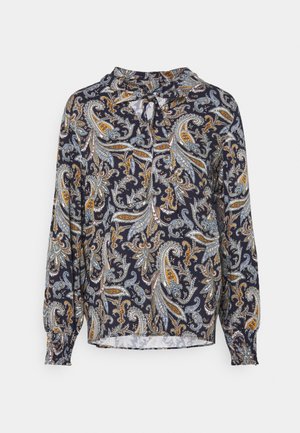 Navy blouse with paisley pattern in blue, orange, and white. Features a tie-neck design and elasticized cuffs. Lightweight fabric.