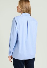 Lichtblauw gestreept overhemd met lange mouwen en een plooidetail aan de achterkant. Voorzien van manchetten met knopen en een klassieke kraag. Gladde katoenen textuur.