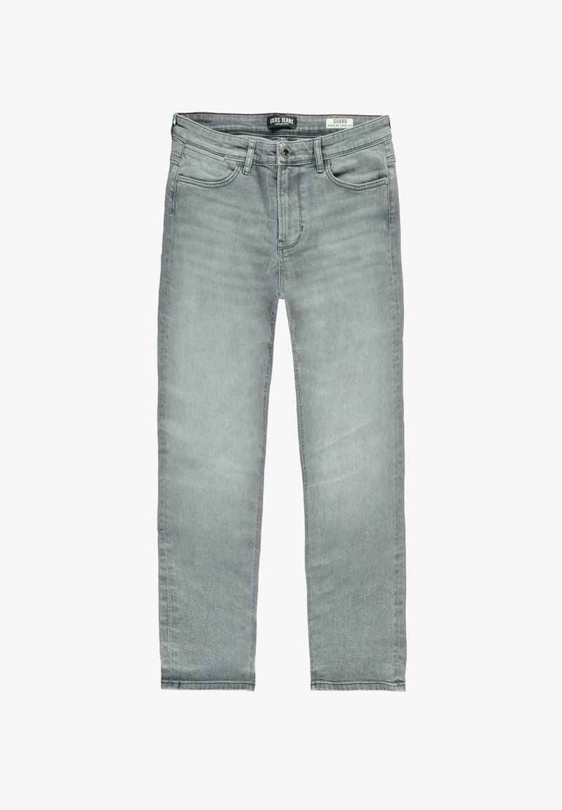 Lichtgrijze denim jeans met een recht model, subtiele slijtage, zijzakken en een knoop- en ritssluiting.