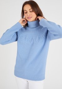 Pull à col roulé tricoté bleu clair avec un motif texturé sur la poitrine, des manches longues et un ourlet côtelé en tissu doux et confortable.