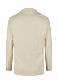 Beige Blazerjacke, strukturierter Stoff, einreihig, mit Reverskragen und Ein-Knopf-Ärmelakzenten, zeigt eine saubere, minimalistische Rückansicht.