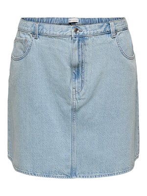 Jupe en jean bleu clair avec passants pour ceinture, fermeture à boutons et zip à l'avant, poches latérales, ourlet légèrement arrondi.