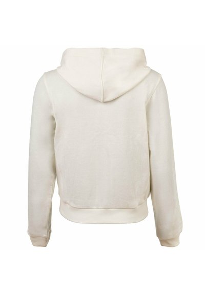 Tył gładkiej białej bluzy z kapturem, z długimi rękawami i ściągaczami na mankietach oraz u dołu.