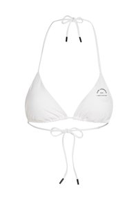 Witte triangeltop bikini met verstelbare ties. Gemaakt van gladde stof, heeft een klein logo aan de zijkant, met zwarte accentdetails op de bandjes.