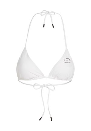 White triangle bikini top with adjustable ties. Made of smooth fabric, features a small logo on the side, with black accent details on straps.