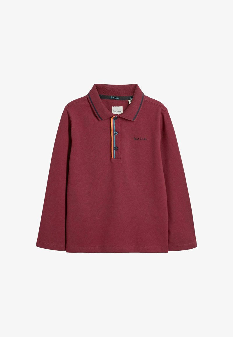 Burgundský polokošeľový tričko s dlhým rukávom a golierom, s trojkotvou zapínaním a detailmi v rôznych farbách. Ľahká bavlnená látka.