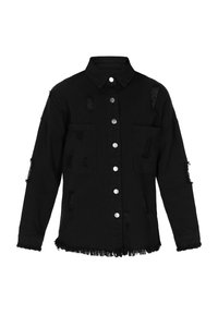 Jachetă din denim negru cu închidere cu nasturi, margine desfăcută, două buzunare la piept și detalii deteriorate pe mâneci și corp.