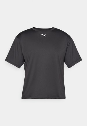 T-shirt atlético preto de manga curta feito de um tecido suave; apresenta um logótipo branco da Puma no peito; ajuste descontraído.