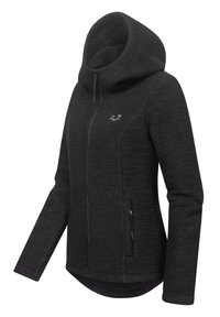 Schwarze Fleecejacke mit Kapuze, ausgestattet mit Reißverschlusstaschen, strukturiertem Stoff und einem leicht geschwungenen Saum. Besticktes Logo auf der Brust.