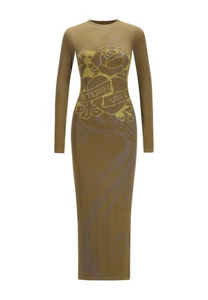 Dlouhý rukáv, přiléhavé šaty olivově zelené barvy s růží a grafikou "Věčná láska" v bledě žluté. Měkká tkanina se hladkým povrchem.